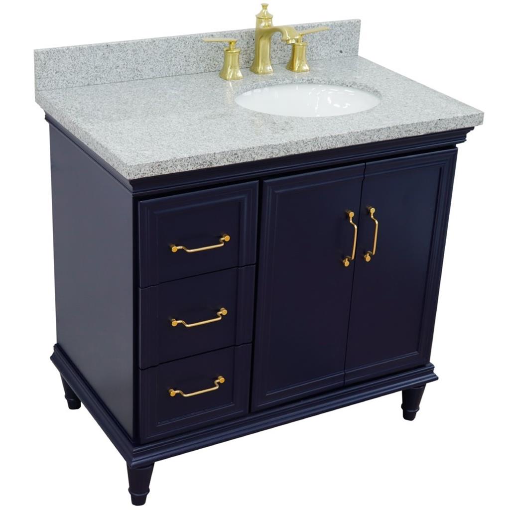 Bellaterra Home, Forli 37" Blue Vanity, Door on Right, Oval Sink on Right, Gray Granite#top-options_gray-granite-top
