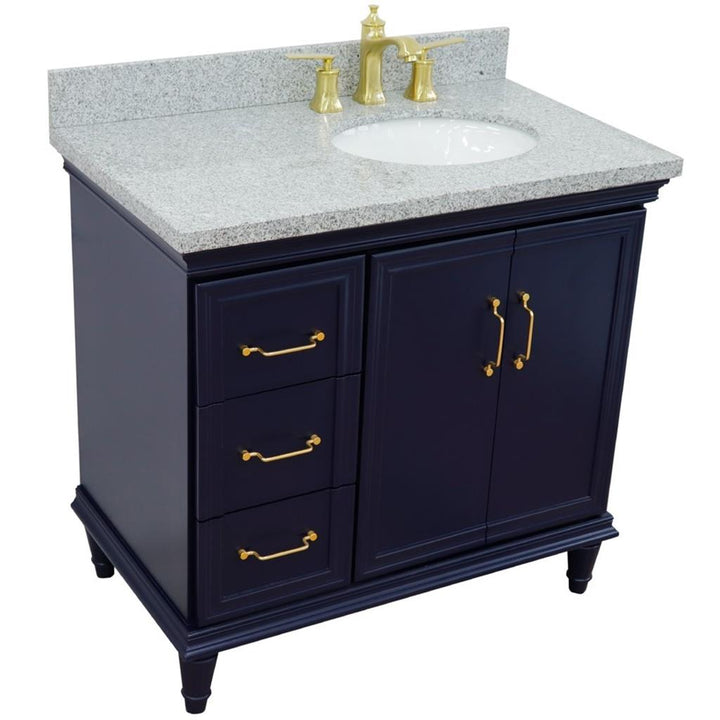Bellaterra Home, Forli 37" Blue Vanity, Door on Right, Oval Sink on Right, Gray Granite#top-options_gray-granite-top