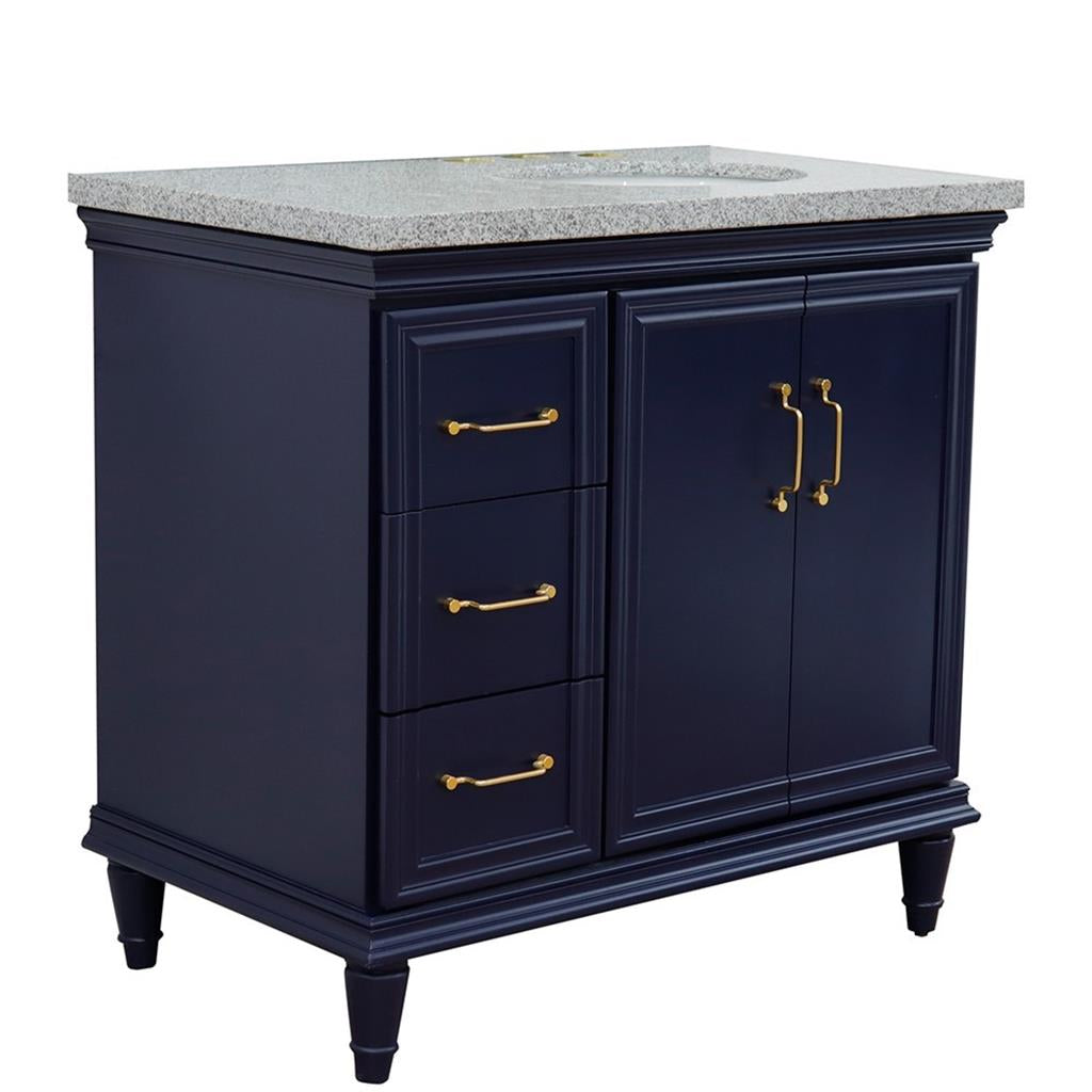 Bellaterra Home, Forli 37" Blue Vanity, Door on Right, Oval Sink on Right, Gray Granite#top-options_gray-granite-top