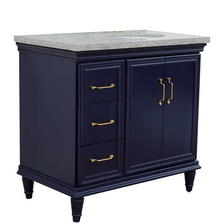 Bellaterra Home, Forli 37" Blue Vanity, Door on Right, Oval Sink on Right, Gray Granite#top-options_gray-granite-top