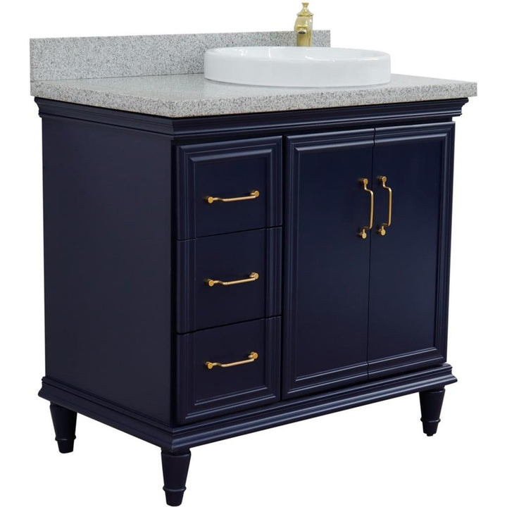 Bellaterra Home, Forli 37" Blue Vanity, Door on Right, Round Sink on Right, Gray Granite#top-options_gray-granite-top