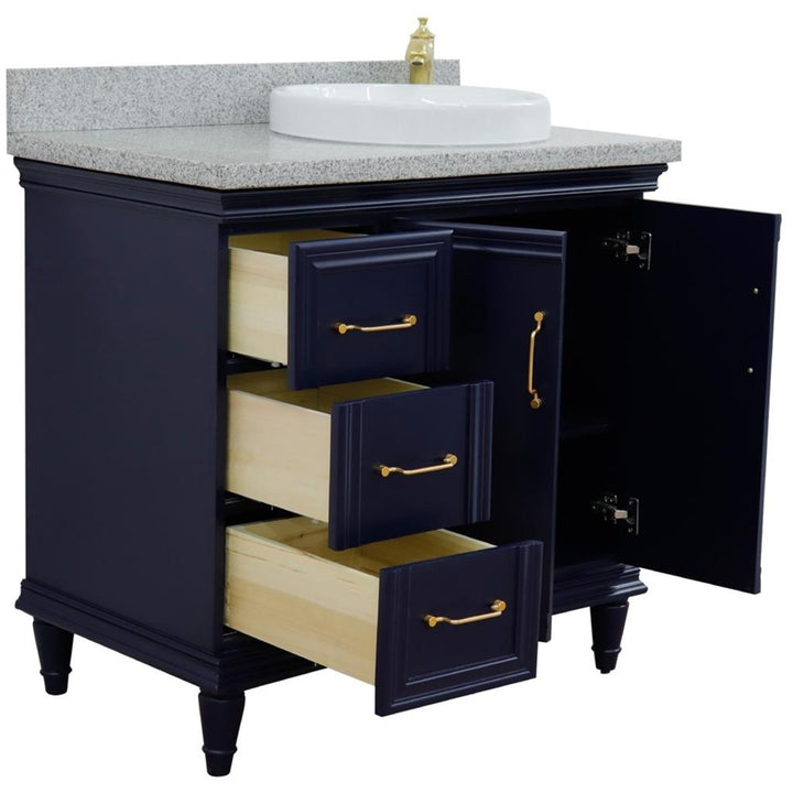 Bellaterra Home, Forli 37" Blue Vanity, Door on Right, Round Sink on Right, Gray Granite#top-options_gray-granite-top