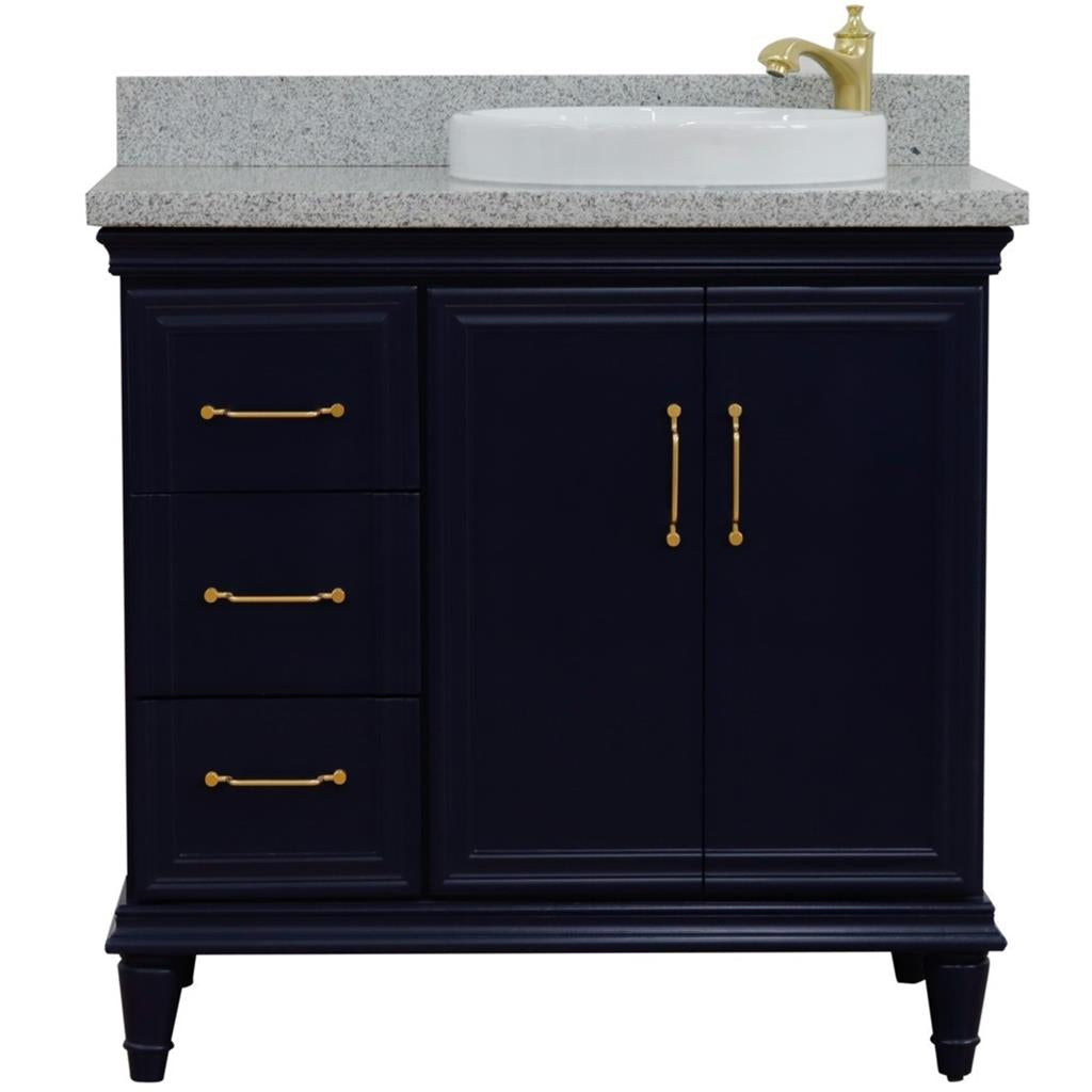 Bellaterra Home, Forli 37" Blue Vanity, Door on Right, Round Sink on Right, Gray Granite#top-options_gray-granite-top