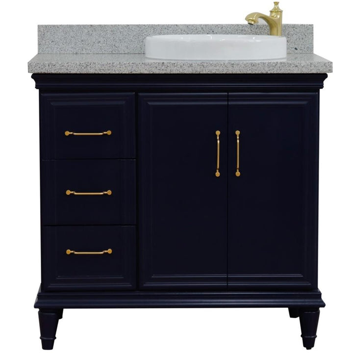 Bellaterra Home, Forli 37" Blue Vanity, Door on Right, Round Sink on Right, Gray Granite#top-options_gray-granite-top