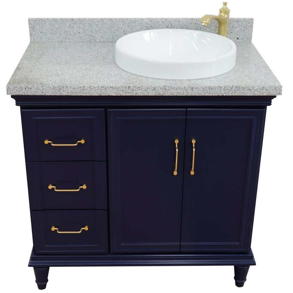 Bellaterra Home, Forli 37" Blue Vanity, Door on Right, Round Sink on Right, Gray Granite#top-options_gray-granite-top