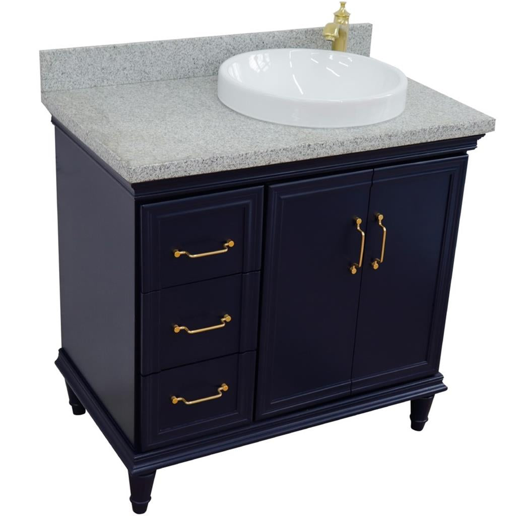 Bellaterra Home, Forli 37" Blue Vanity, Door on Right, Round Sink on Right, Gray Granite#top-options_gray-granite-top