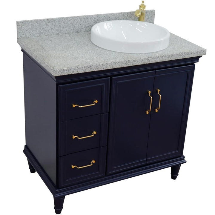 Bellaterra Home, Forli 37" Blue Vanity, Door on Right, Round Sink on Right, Gray Granite#top-options_gray-granite-top