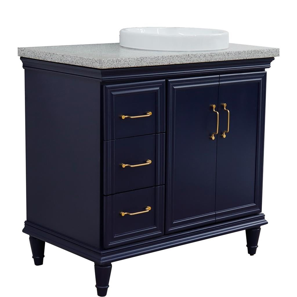 Bellaterra Home, Forli 37" Blue Vanity, Door on Right, Round Sink on Right, Gray Granite#top-options_gray-granite-top
