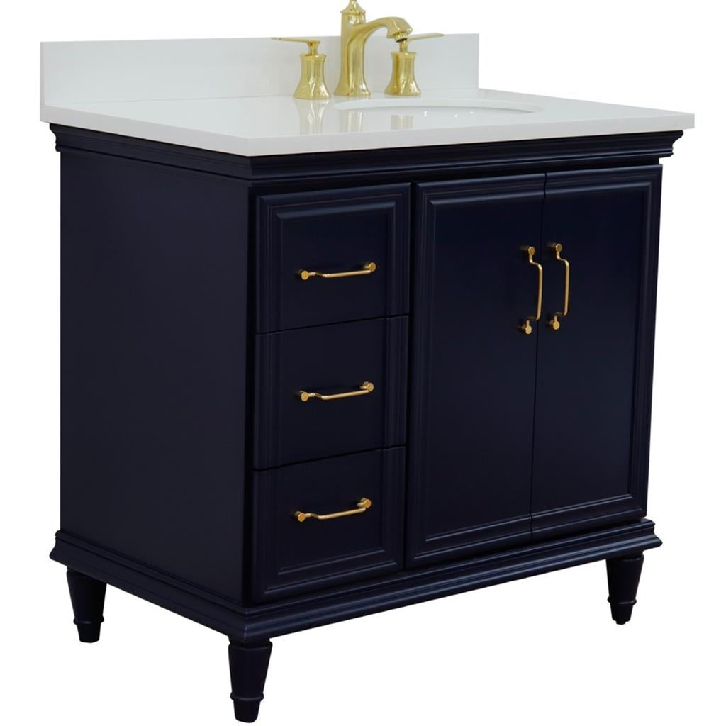 Bellaterra Home, Forli 37" Blue Vanity, Door on Right, Oval Sink on Right, White Quartz#top-options_white-quartz-top