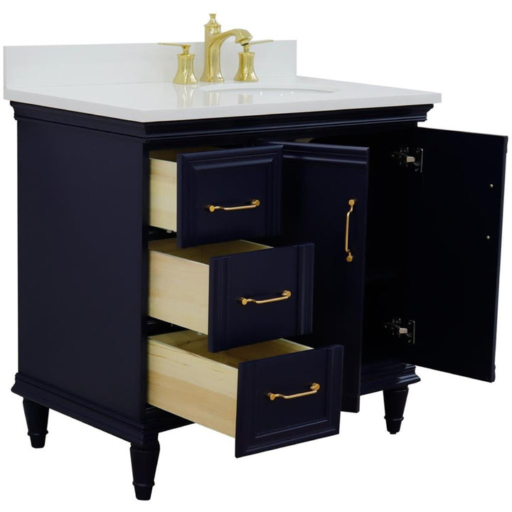 Bellaterra Home, Forli 37" Blue Vanity, Door on Right, Oval Sink on Right, White Quartz#top-options_white-quartz-top