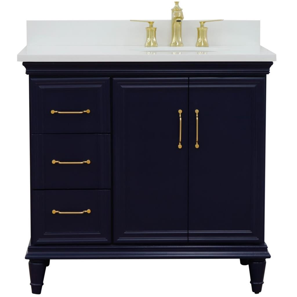 Bellaterra Home, Forli 37" Blue Vanity, Door on Right, Oval Sink on Right, White Quartz#top-options_white-quartz-top