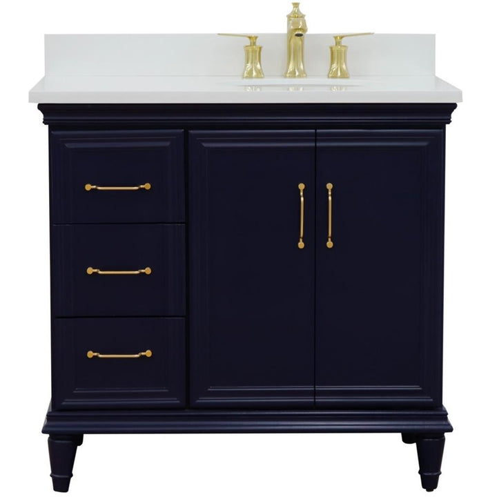 Bellaterra Home, Forli 37" Blue Vanity, Door on Right, Oval Sink on Right, White Quartz#top-options_white-quartz-top