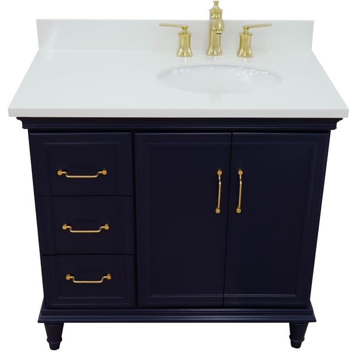 Bellaterra Home, Forli 37" Blue Vanity, Door on Right, Oval Sink on Right, White Quartz#top-options_white-quartz-top