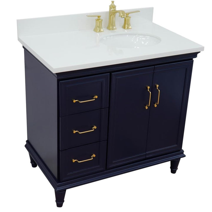 Bellaterra Home, Forli 37" Blue Vanity, Door on Right, Oval Sink on Right, White Quartz#top-options_white-quartz-top