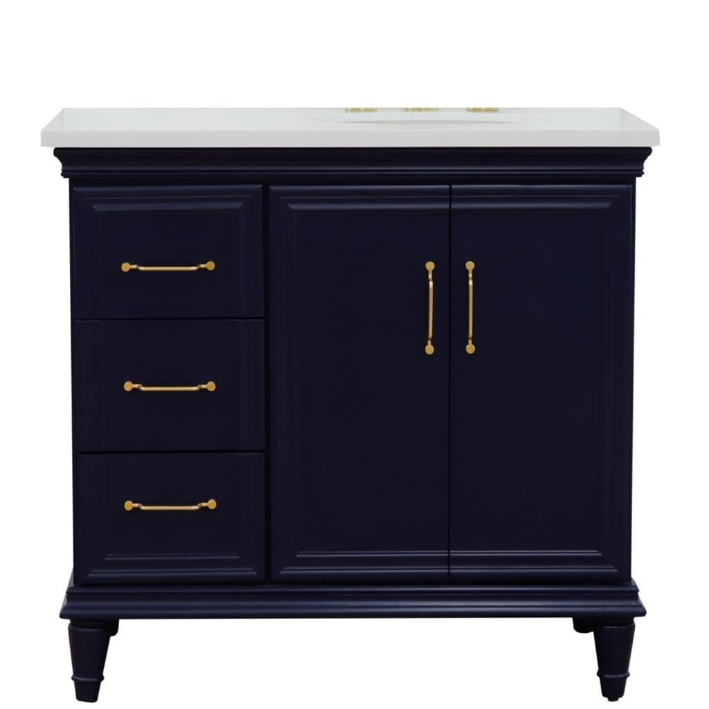 Bellaterra Home, Forli 37" Blue Vanity, Door on Right, Oval Sink on Right, White Quartz#top-options_white-quartz-top