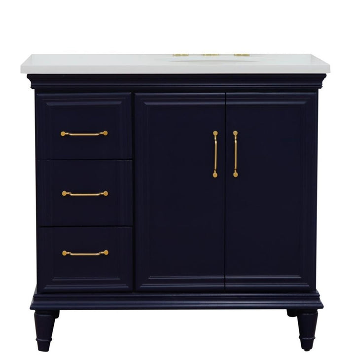 Bellaterra Home, Forli 37" Blue Vanity, Door on Right, Oval Sink on Right, White Quartz#top-options_white-quartz-top