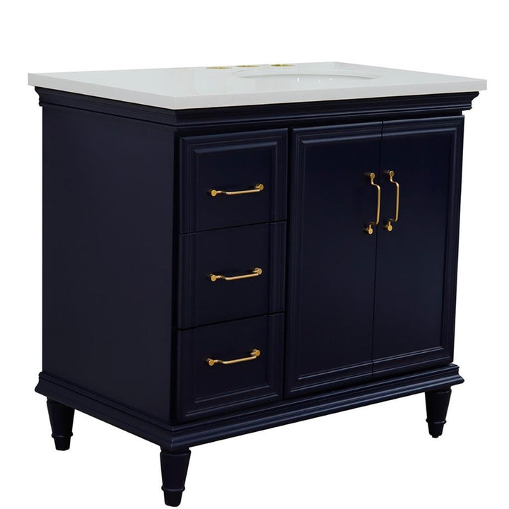 Bellaterra Home, Forli 37" Blue Vanity, Door on Right, Oval Sink on Right, White Quartz#top-options_white-quartz-top