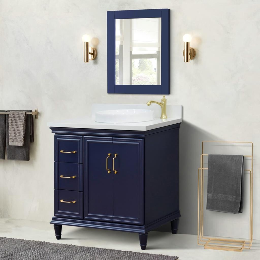 Bellaterra Home, Forli 37" Blue Vanity, Door on Right, Round Sink on Right, White Quartz#top-options_white-quartz-top