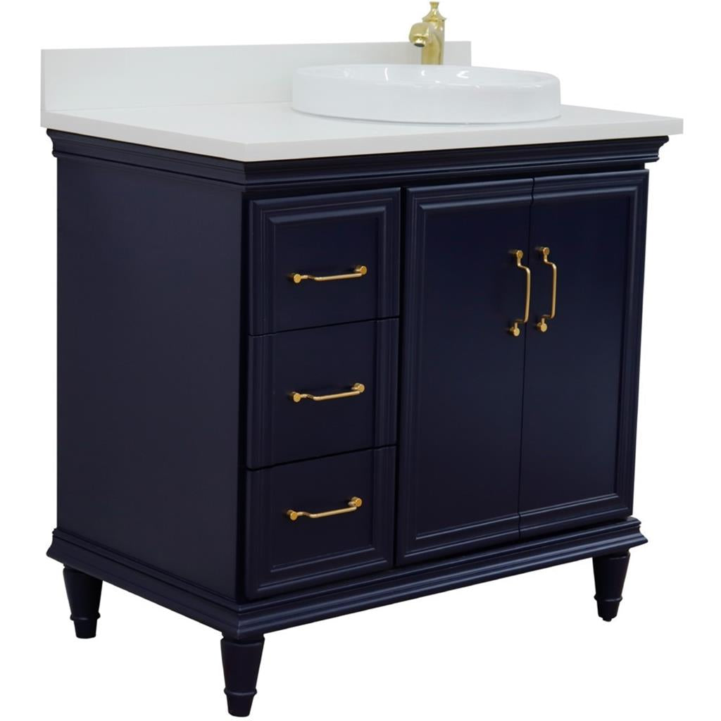 Bellaterra Home, Forli 37" Blue Vanity, Door on Right, Round Sink on Right, White Quartz#top-options_white-quartz-top
