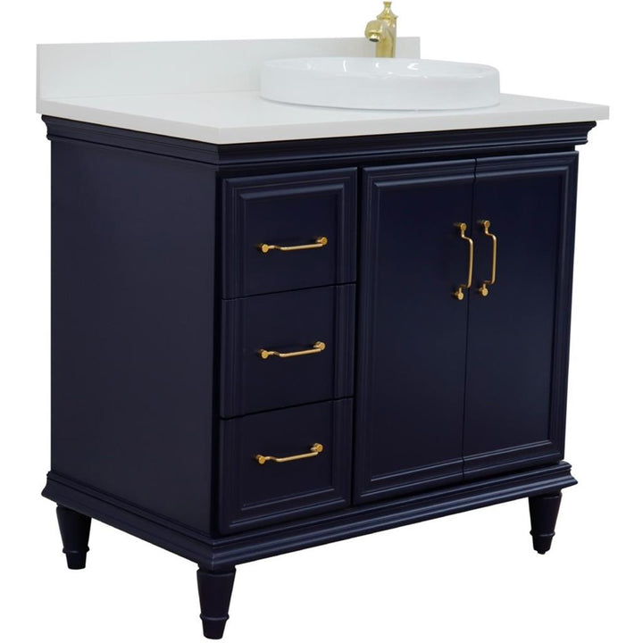 Bellaterra Home, Forli 37" Blue Vanity, Door on Right, Round Sink on Right, White Quartz#top-options_white-quartz-top