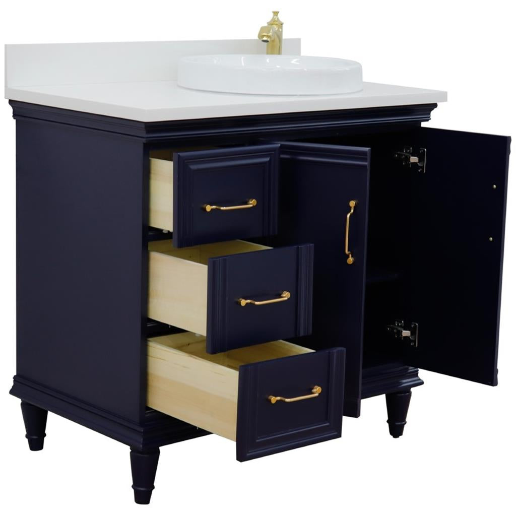 Bellaterra Home, Forli 37" Blue Vanity, Door on Right, Round Sink on Right, White Quartz#top-options_white-quartz-top