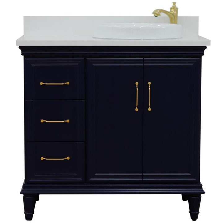 Bellaterra Home, Forli 37" Blue Vanity, Door on Right, Round Sink on Right, White Quartz#top-options_white-quartz-top