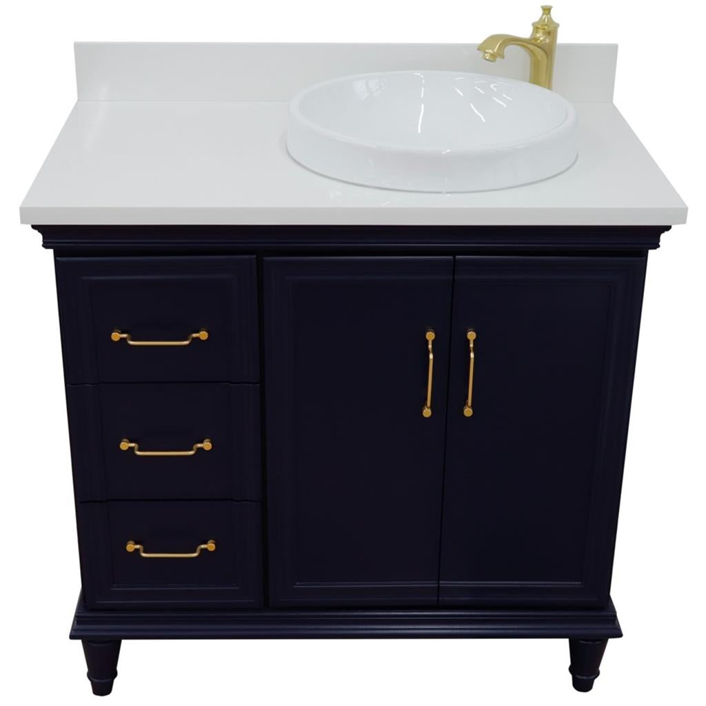 Bellaterra Home, Forli 37" Blue Vanity, Door on Right, Round Sink on Right, White Quartz#top-options_white-quartz-top