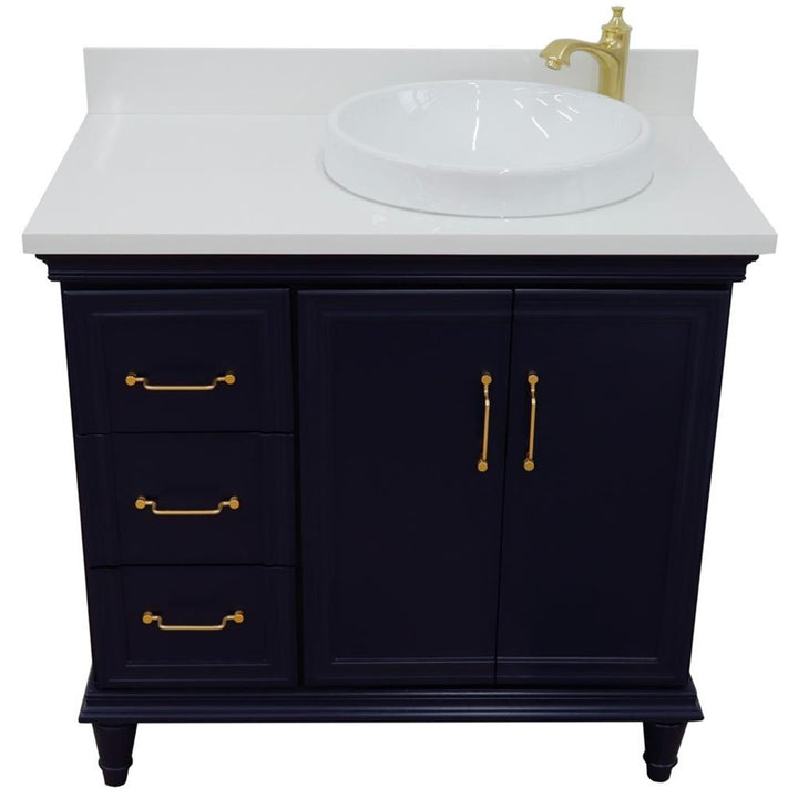 Bellaterra Home, Forli 37" Blue Vanity, Door on Right, Round Sink on Right, White Quartz#top-options_white-quartz-top