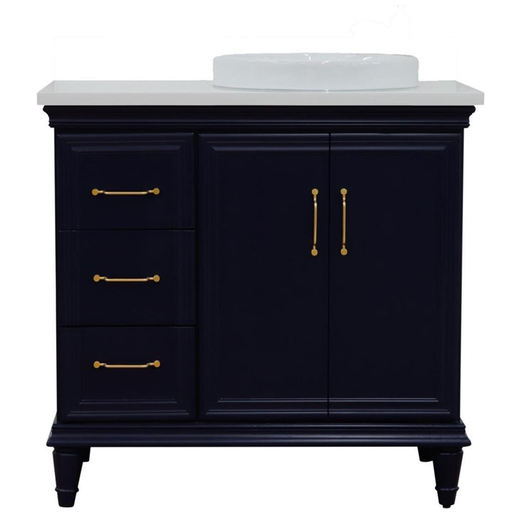 Bellaterra Home, Forli 37" Blue Vanity, Door on Right, Round Sink on Right, White Quartz#top-options_white-quartz-top