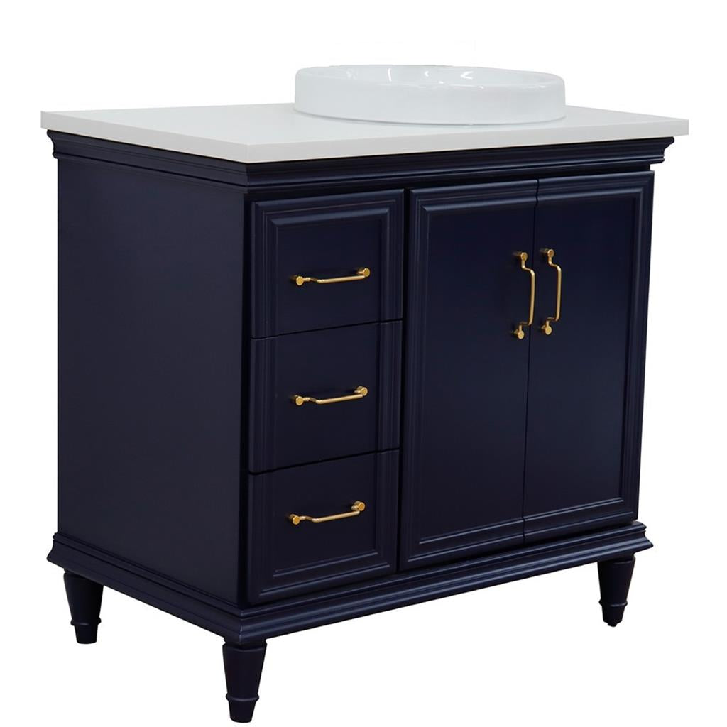 Bellaterra Home, Forli 37" Blue Vanity, Door on Right, Round Sink on Right, White Quartz#top-options_white-quartz-top