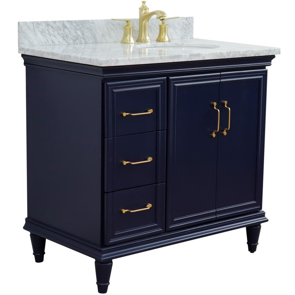 Bellaterra Home, Forli 37" Blue Vanity, Door on Right, Oval Sink on Right, White Carrara Marble#top-options_white-carrara-marble-top