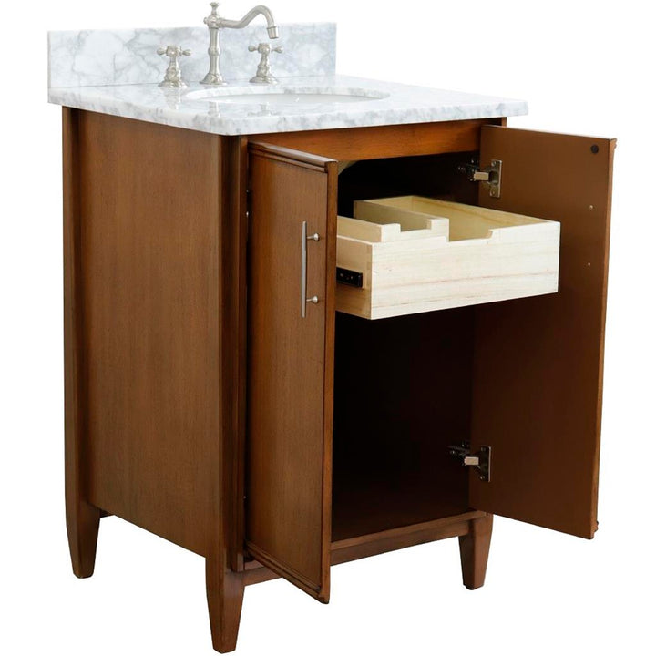 Bellaterra Home, MCM 25" Walnut Vanity, Oval Sink, White Carrara Marble#top-options_white-carrara-marble-top