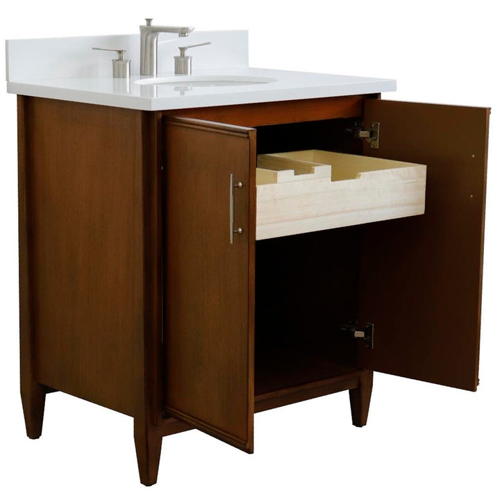 Bellaterra Home, MCM 31" Walnut Vanity, Oval Sink, White Quartz#top-options_white-quartz-top