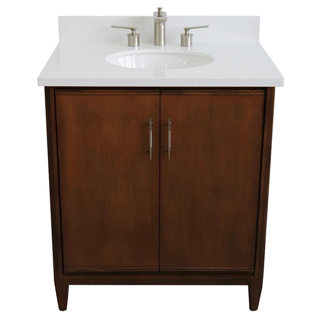 Bellaterra Home, MCM 31" Walnut Vanity, Oval Sink, White Quartz#top-options_white-quartz-top