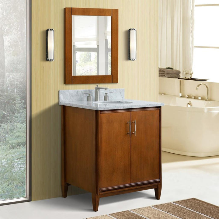 Bellaterra Home, MCM 31" Walnut Vanity, Oval Sink, White Carrara Marble#top-options_white-carrara-marble-top