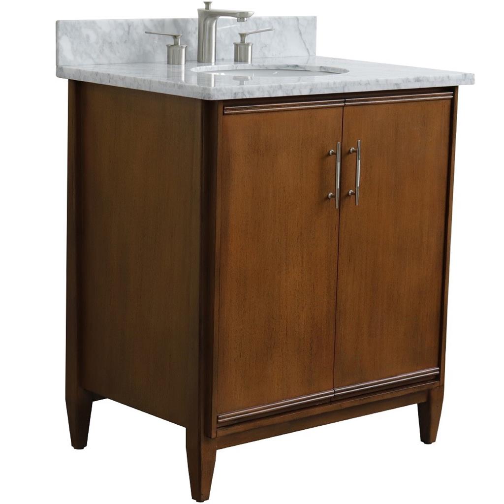 Bellaterra Home, MCM 31" Walnut Vanity, Oval Sink, White Carrara Marble#top-options_white-carrara-marble-top