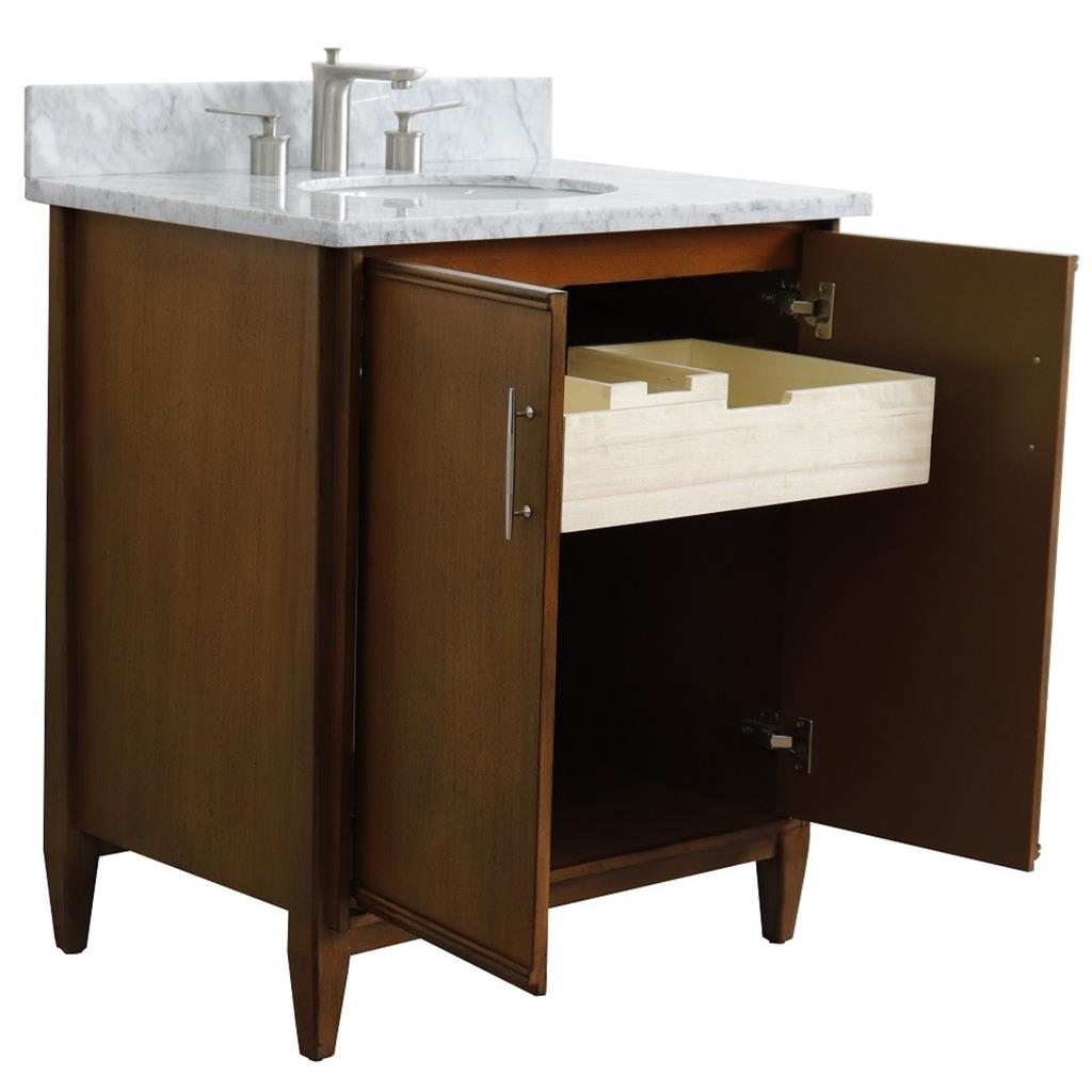 Bellaterra Home, MCM 31" Walnut Vanity, Oval Sink, White Carrara Marble#top-options_white-carrara-marble-top