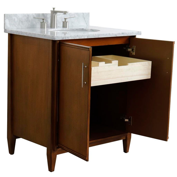 Bellaterra Home, MCM 31" Walnut Vanity, Oval Sink, White Carrara Marble#top-options_white-carrara-marble-top