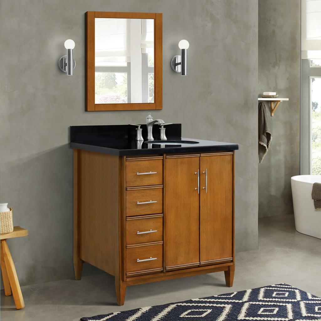 Bellaterra Home, MCM 37" Walnut Vanity, Door on Right, Oval Sink on Right, Black Galaxy Granite#top-options_black-galaxy-granite-top