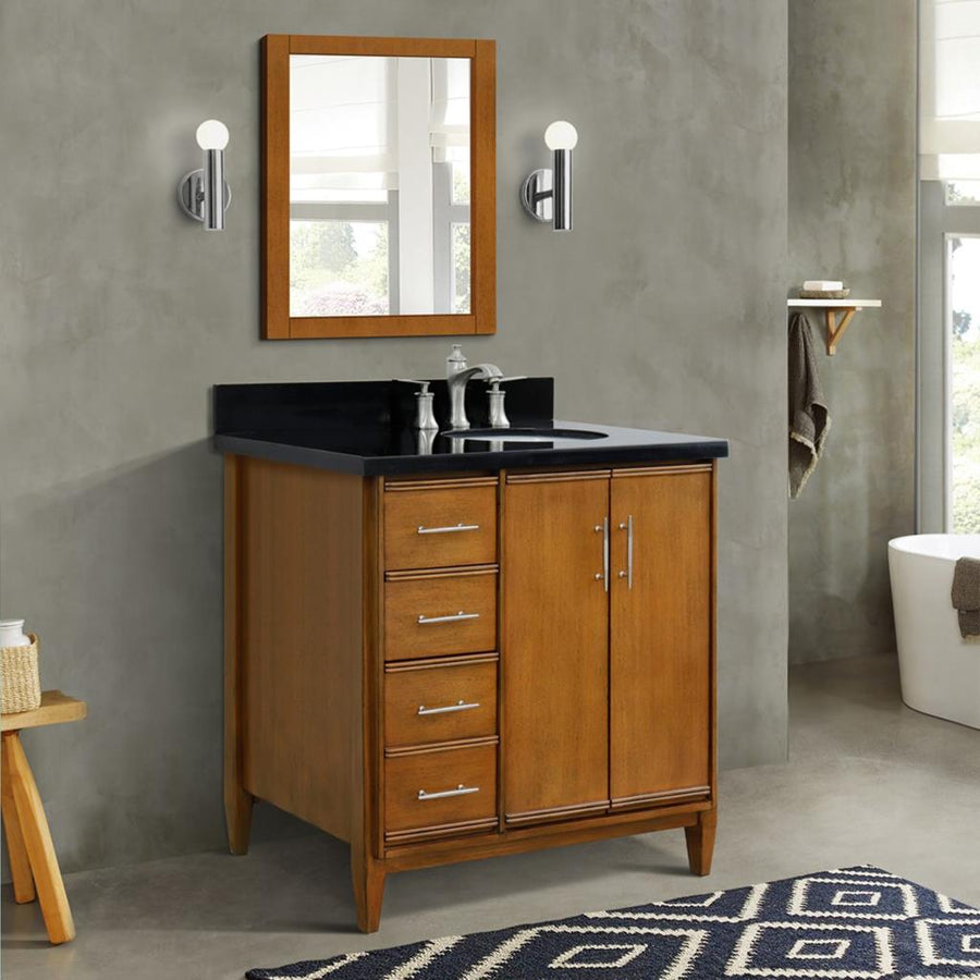 Bellaterra Home, MCM 37" Walnut Vanity, Door on Right, Oval Sink on Right, Black Galaxy Granite#top-options_black-galaxy-granite-top