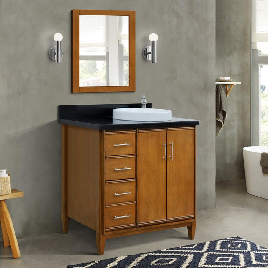 Bellaterra Home, MCM 37" Walnut Vanity, Door on Right, Round Sink on Right, Black Galaxy Granite#top-options_black-galaxy-granite-top