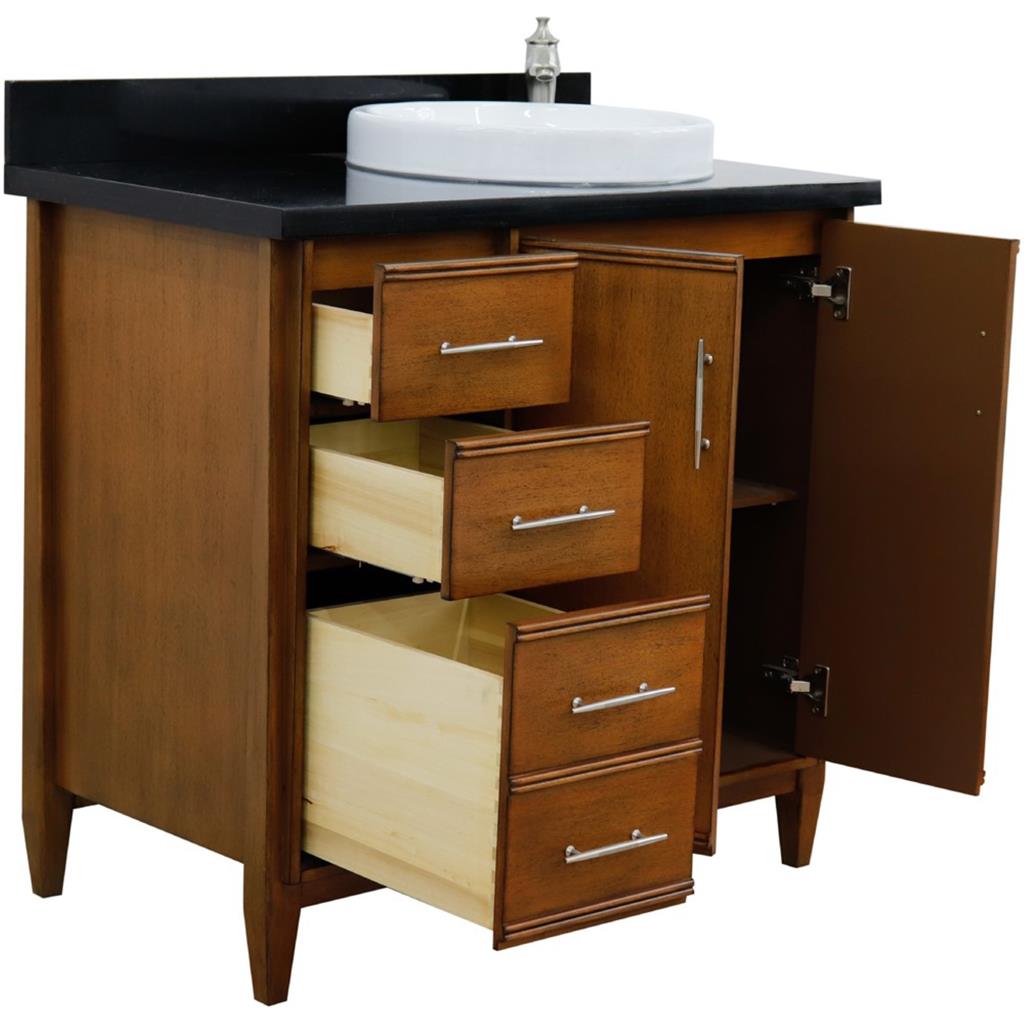 Bellaterra Home, MCM 37" Walnut Vanity, Door on Right, Round Sink on Right, Black Galaxy Granite#top-options_black-galaxy-granite-top