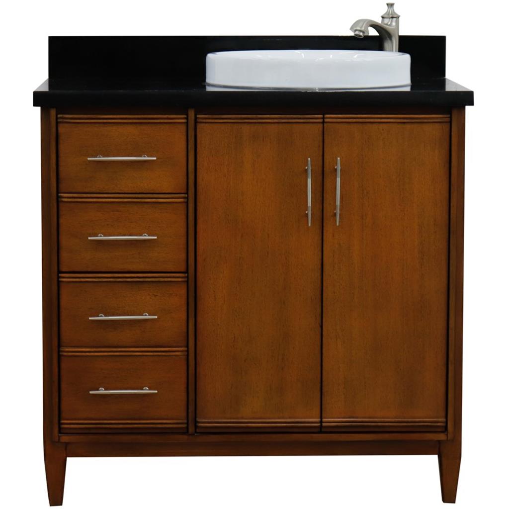 Bellaterra Home, MCM 37" Walnut Vanity, Door on Right, Round Sink on Right, Black Galaxy Granite#top-options_black-galaxy-granite-top