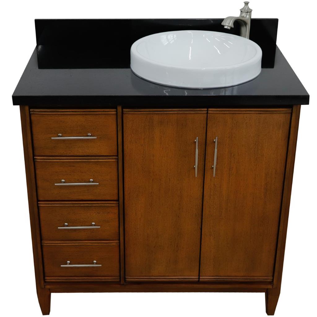 Bellaterra Home, MCM 37" Walnut Vanity, Door on Right, Round Sink on Right, Black Galaxy Granite#top-options_black-galaxy-granite-top
