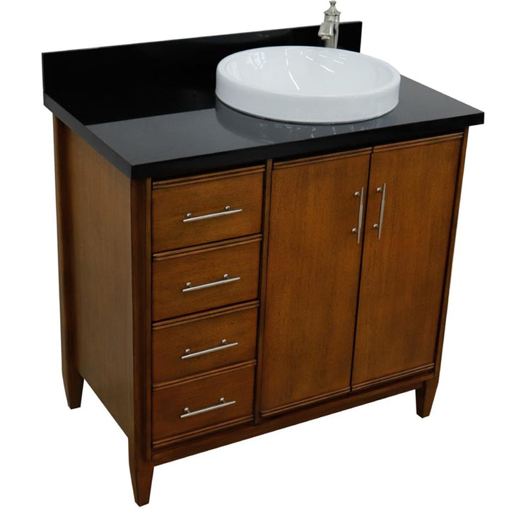 Bellaterra Home, MCM 37" Walnut Vanity, Door on Right, Round Sink on Right, Black Galaxy Granite#top-options_black-galaxy-granite-top