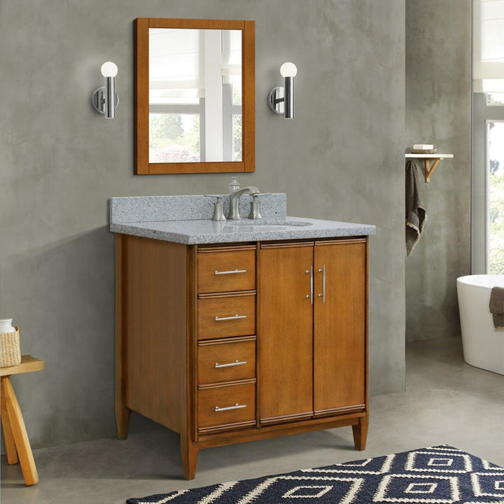 Bellaterra Home, MCM 37" Walnut Vanity, Door on Right, Oval Sink on Right, Gray Granite#top-options_gray-granite-top