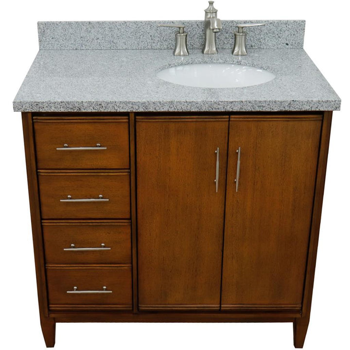 Bellaterra Home, MCM 37" Walnut Vanity, Door on Right, Oval Sink on Right, Gray Granite#top-options_gray-granite-top