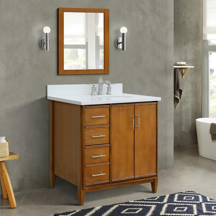 Bellaterra Home, MCM 37" Walnut Vanity, Door on Right, Oval Sink on Right, White Quartz#top-options_white-quartz-top