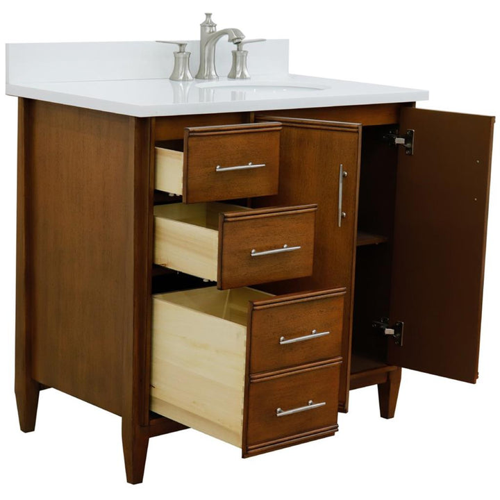 Bellaterra Home, MCM 37" Walnut Vanity, Door on Right, Oval Sink on Right, White Quartz#top-options_white-quartz-top
