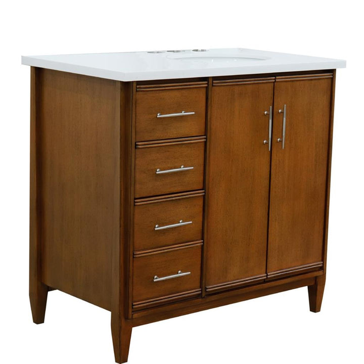 Bellaterra Home, MCM 37" Walnut Vanity, Door on Right, Oval Sink on Right, White Quartz#top-options_white-quartz-top